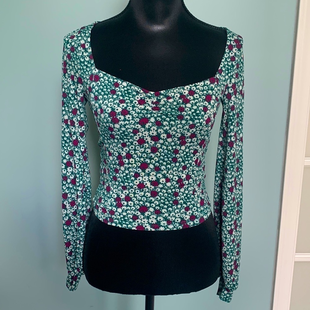 NEW Lush Green Magenta Floral Cropped Sweetheart Blouse Top XS
